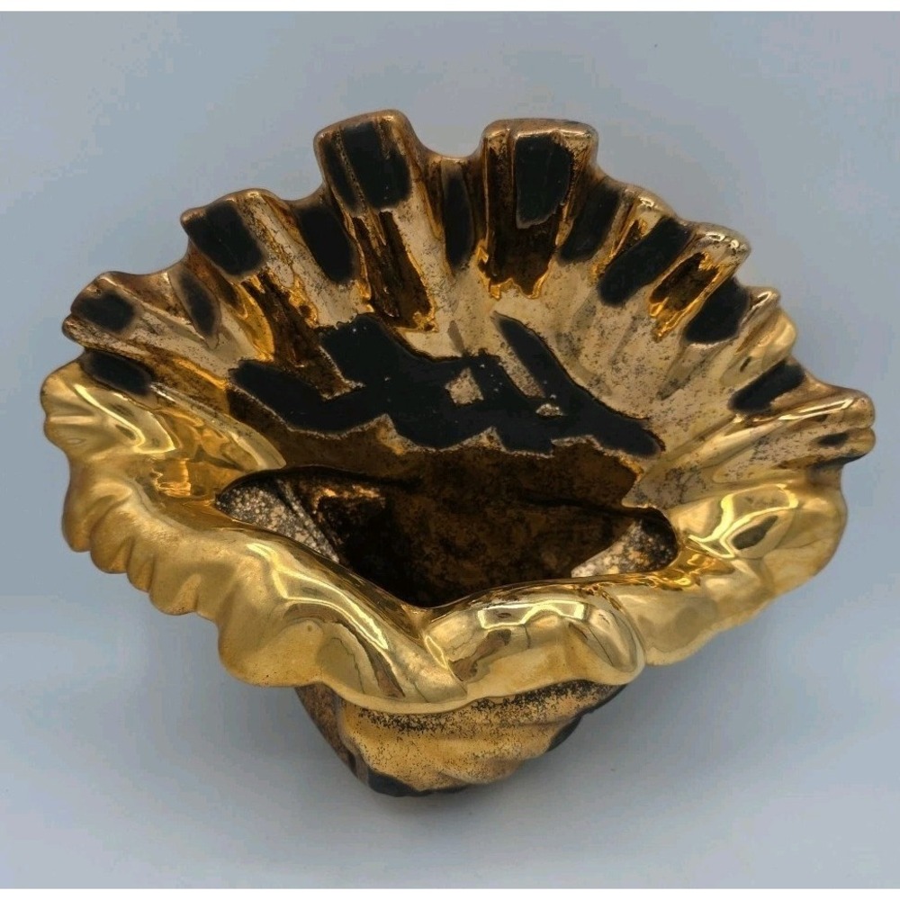 MCM Westwood Ware California Metallic Gold Black Ceramic‎ Shell Sconce Ashtray